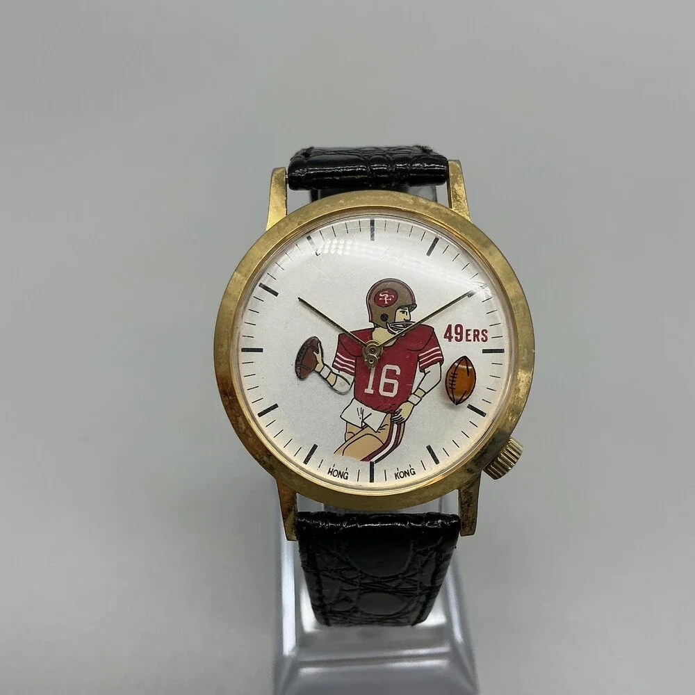 Vintage San Francisco 49ers Mens Watch 35mm White Dial Gold Manual Wind Leather